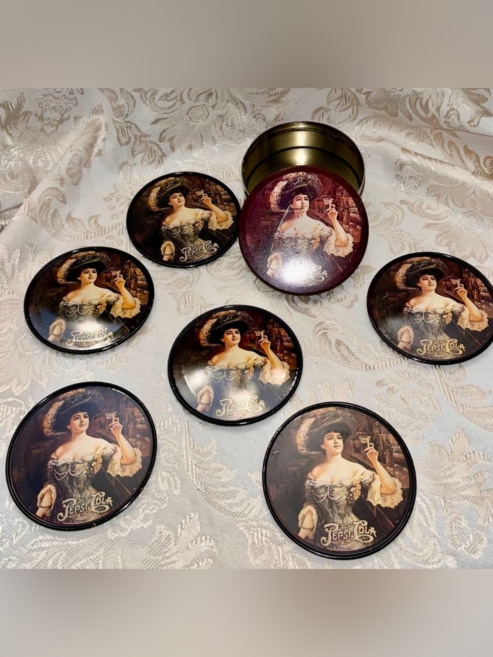Pepsi Cola VTG 6 Metal Coaster Set Lidded Tin Victorian Gibson Girl Advertising